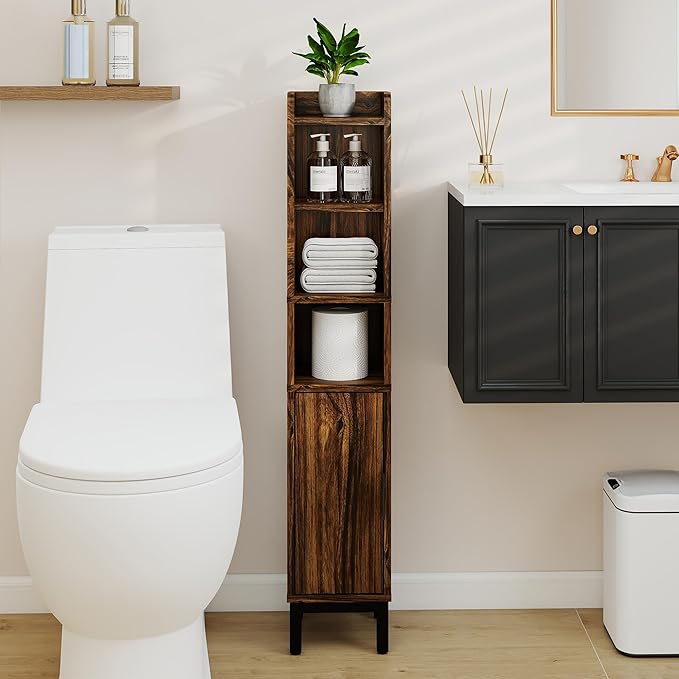 Small Bathroom Storage Cabinet, Corner Floor Cabinet with Door and Shelves, Narrow Toilet Paper Cabinet, Bathroom Organizer with Adjustable Shelf, for Small Spaces (Walnut, 5-Tier)
