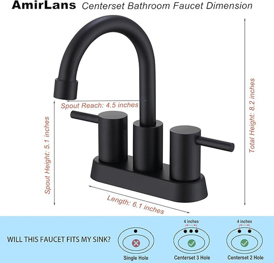 Matte Black Bathroom Faucet 2 or 3 Hole, 2 Handle 4 Inch Centerset Stainless Steel Bathroom Sink Faucet with Pop up Drain and Supply Lines, Black Faucet for Bathroom, Restroom, Vanity, Rv