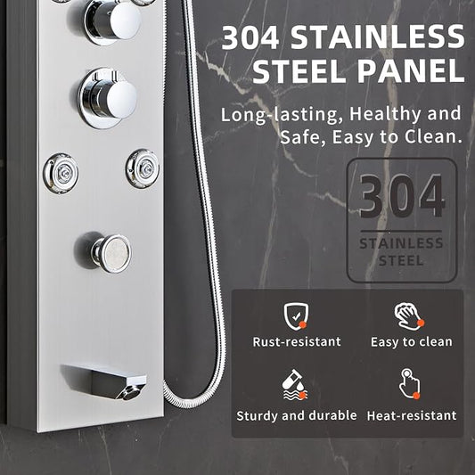 LED 5-in-1 Shower Panel Tower System,Brushed Grey | 304 Stainless Steel Shower Panel Tower Column with Powerful Body Jets, Rainfall, Waterfall,Handheld and Tub Spout