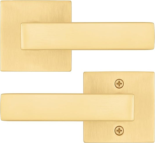 Kwikset Singapore Interior Passage Door Handle, Lever for Closet and Hallway Doors, Reversible Non-Locking Handle Lever, Satin Brass, with Microban Protection (Pack of 4)