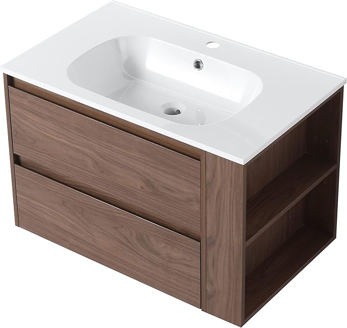 Henf 30inch Wall Mounted Bathroom Vanity with White Gel Sink, Modern Floating Bathroom Vanity Cabinet with 2 Soft Close Drawers & Open Storage Shelf, Bathroom Sink Vanity with Sink Combo Set,Brown