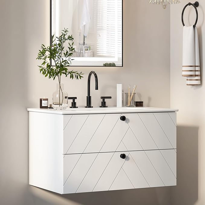 Floating Vanity with Sink 30", Bathroom Vanities Cabinet with White Ceramic Sink, 2 Large Storage Drawers with Soft-Close System, Wall Mounted, Easy Cleaning