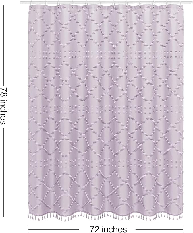Lavender Boho Fabric Shower Curtain with Tassel 72x78, Tufted Textured | Modern Farmhouse Curtain for Bathroom, Long Bathroom Curtain, Minimalist Decor, Waterproof