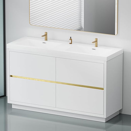 60 Inch Bathroom Vanity with Sink, Double Sink Bathroom Vanity, Freestanding Vanity Bathroom Soft Closed 4 Drawers, Integrated Sink (Glossy White)