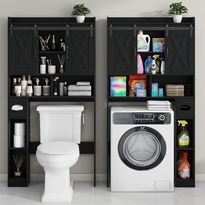 Vabches Over The Toilet Storage Cabinet with Sliding Doors, Black | Farmhouse Storage Cabinet Over Toilet, Home Space-Saving Toilet Rack, Toilet Paper Holder Stand,for Restroom,Bathroom,Laundry