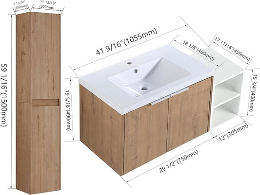 SSLine 42-Inch Single Bathroom Vanity Modern Wall Mounted Bathroom Vanity with Sink 42" Small Floating Bathroom Vanities Set with White Open Storage Shelf & 2 Side Cabinets,Brown White
