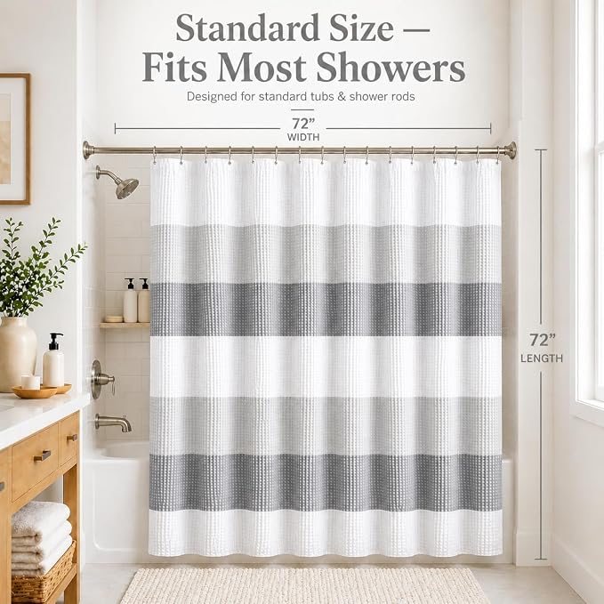 Dainty Home Ombre Waffle Weave Shower Curtain 70 x 72 Grey Textured Fabric Shower Curtain, Hotel Style Waffle Weave Bathroom Curtain, Water Resistant Polyester Ombre Shower Curtain