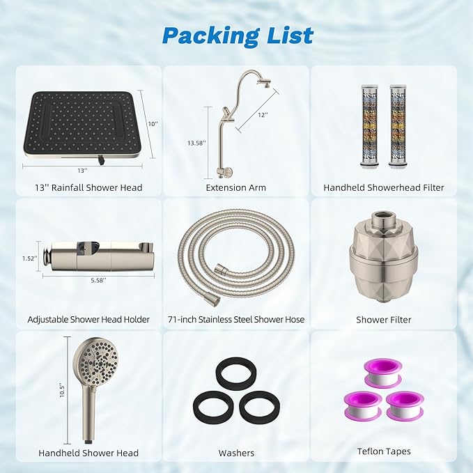 Hibbent 5-spray Dual Filtered Rainfall Shower Head with 10 Spray Handheld | High Pressure 13'' Showerhead Combo, Easy Reach 4-way Diverter Arm with Pause Mode, 71'' Hose & Holder, Brushed Nickel