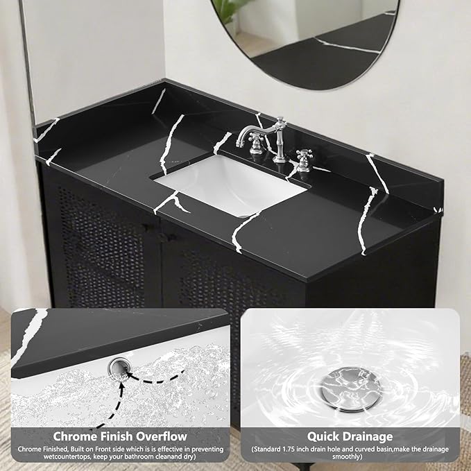 48 in. W x 22 in D Quartz Vanity Top in Black Marquina,with One Sidesplash & One Backsplash, Vanity Sink Top with Assembled Single Drop-in Sink, Pre-Drilled 8 Inch Faucet Hole Countertop