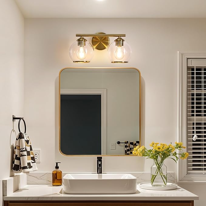 Mecgirn Brushed Gold Bathroom Vanity Light Over Mirror, 2 Light Bathroom Light Fixtures with Clear Globe Glass Shade, Modern Vanity Lighting Wall Mounted