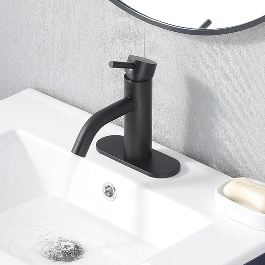 HOTIS Matte Black Bathroom Faucet, Single Hole Bathroom Sink Faucet with Pop-up Drain, Suitable for 1 or 3 Hole Installation, Single Handle for Bathroom Sink, RV and Vanity, HT-HJ-052B-D