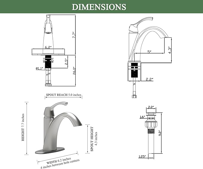 Brushed Nickel 1-Handle Single Hole Bathroom Faucet, 3-Hole Deck Plate, Pop-Up Drain and Water Supply Lines Included, TAF206-BN