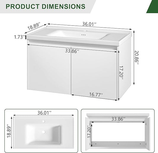 OLD CAPTAIN 36" Bathroom Vanity with Ceramic Sink, Floating Bathroom Vanity with Sink and Cabinet, Wall Mounted Bathroom Sink Cabinet with Storage and Two Doors, White