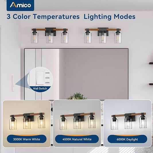 Amico 3-Light Farmhouse Vanity Light Fixture, Rustic Wood Bathroom Light Fixtures, Industrial Vintage Black Wall Sconces Lights with Bubble Glass Shade for Mirror, Bedroom, Living Room, Hallway