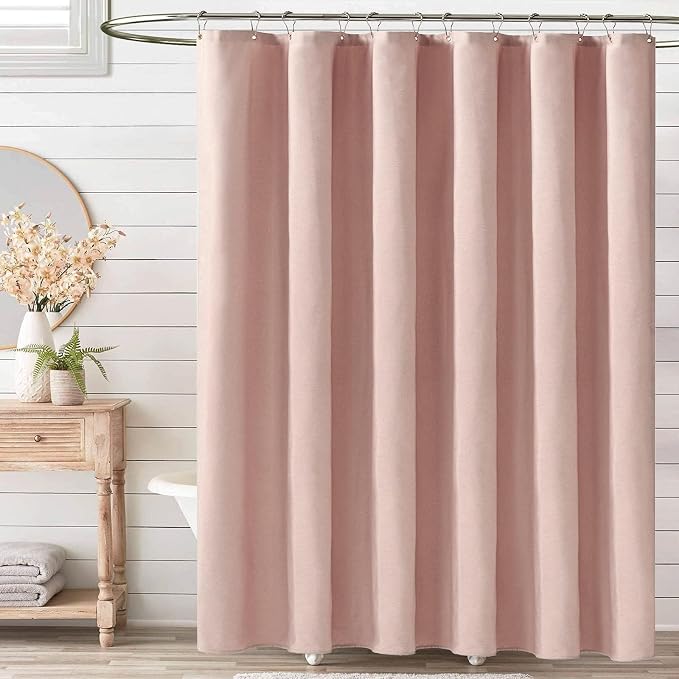 54x78 Linen Textured Waterproof Thick Fabric Shower Curtain Set, Blush | Narrow Long Size, 230GSM Polyester, Heavy Duty Cloth, Weighted Hem, 10 Hooks, Modern Luxury Hotel Style, Machine Washable