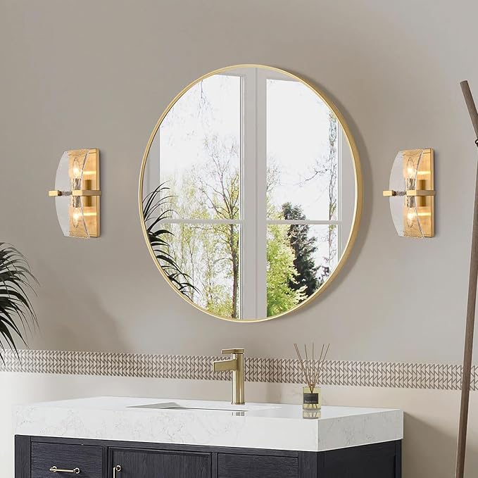2-Light Modern Gold Wall Sconce with Water Rippled Glass Shades | 13 Inch Hardwired Indoor Wall Light with Gold Finish for Hallway, Living Room, Bedroom, Kitchen