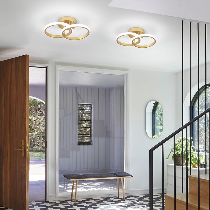 CANEOE Round Modern Led Ceiling Light Fixtures, 6000K Cool White Hallway Light Fixtures Ceiling, Bathroom Close to Ceiling Lights for Corridor Stair Aisle Lamps (Gold, 2 Packs)