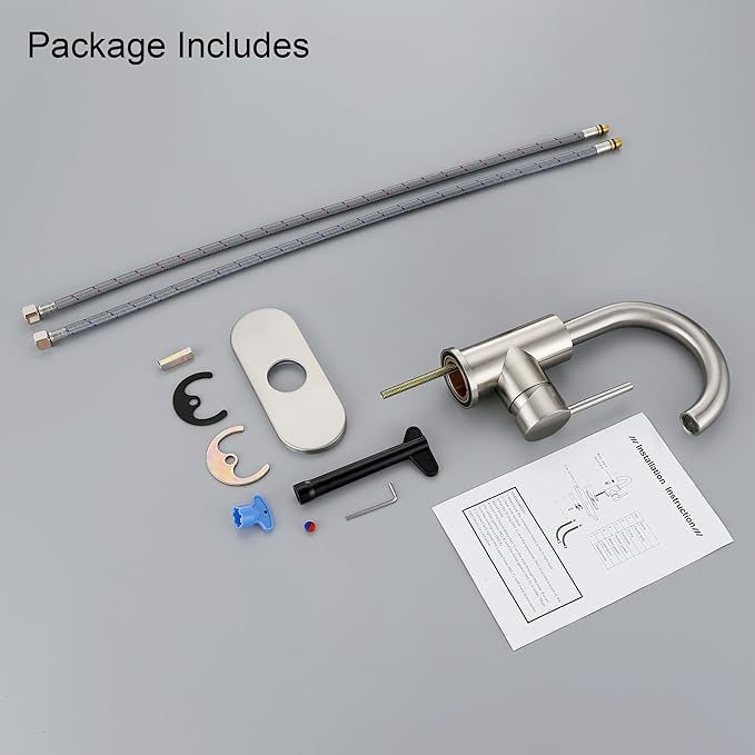 RKF Single-Handle Bathroom Sink Faucet, 360 Degree Swivel Spout Single Hole Faucet with Overflow and Supply Hose,Bar Sink Faucet,Small Kitchen Faucet Tap