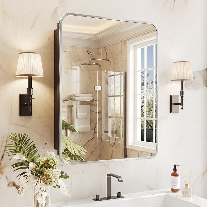 Medicine Cabinet Mirror 20x28 Inch, Brushed Nickel Bathroom Mirror Cabinet with Stepless Adjustable Shelves, Stainless Steel Frame, Bathroom Mirror with Storage Recessed or Wall Mount
