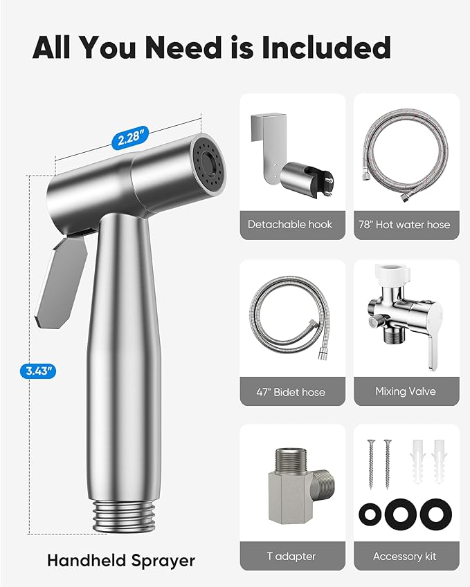 Arofa Hot and Cold Bidet Sprayer for Toilet, Warm Water Bidet Attachment | Hot & Cold Control, Adjustable Water Flow, 7/8" Brass T-valve, Fits Two-Piece Toilets, Feminine/Baby/Pet Wash, Easy Install