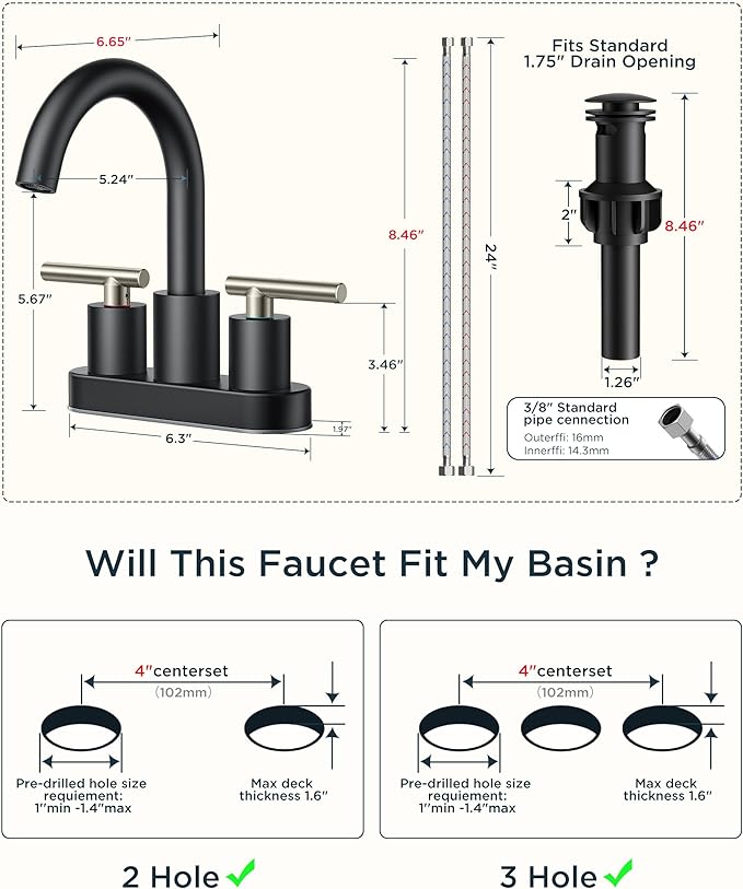 FORIOUS 4 Inch Centerset Bathroom Sink Faucet Black and Brushed Nickel | Brushed Nickel and Black bathroom faucet 4 In, RV Sink Faucet Bathroom with Pop Up Dain, 24" Water Hose, 1.2gpm Spare Aerator