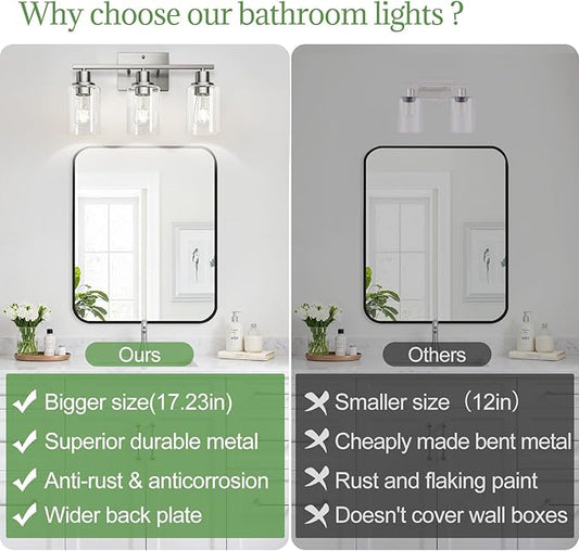 MOKATNG 3-Light Bathroom Light Fixtures, Vanity Light with Clear Glass Shades, Brushed Nickel Bathroom Light Fixtures Over Mirror, Modern Bathroom Wall Lamp for Mirror Living Room Cabinet Bedroom