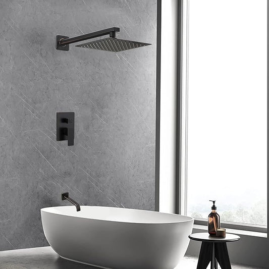 βOil Rubbed Bronze Shower Faucet Set with Tub Spout Bathroom Luxury Rain Mixer Shower Head System Wall Mounted Shower Faucet Complete, Single Handle Tub and Shower Trim Kit with Rough-in Valve
