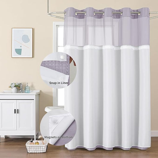 Colorful Star No Hook Shower Curtain with Snap in Fabric Liner, Waffle Weave Heavy Duty Thick Shower Curtains with Mesh Top Window, Hotel Style Waterproof Bathroom Curtain Set, 72 x 75 Inch, Lavender