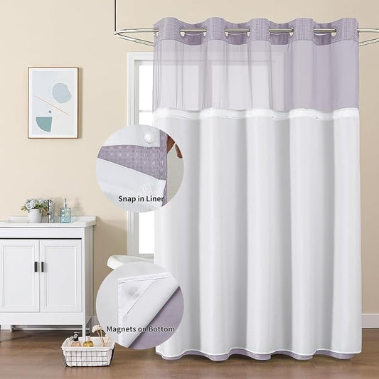 Colorful Star Waffle Weave No Hook Shower Curtain, 72 x 75 Inch, Lavender | Waterproof Shower Curtain with Snap in Fabric Liner and Mesh Top Window, Hotel Style Heavy Duty Thick Bathroom Curtain