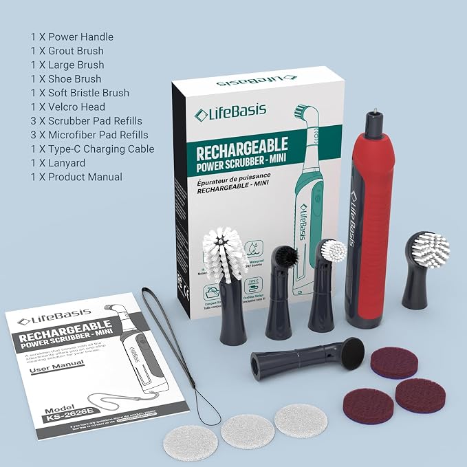 LifeBasis Cordless Rechargeable Power Scrubber Brush, Red | Water-resistant Compact Scrubber with 5 Replaceable Brush Heads for Grout, Tile, Shower, Tub, Kitchen and Bathroom Cleaning