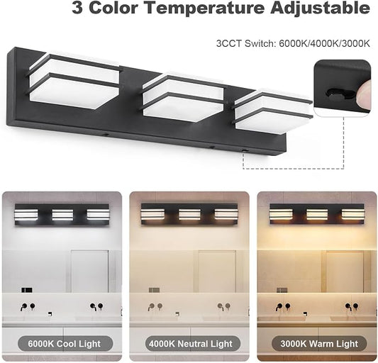 GOODATE 3 Color Temperature Dimmable Bathroom Light Fixtures Over Mirror, LED Black 3 Light Vanity Lighting Fixtures, Acrylic Stainless Steel Square Shade Vanity Lights for Bathroom, ETL Certificated