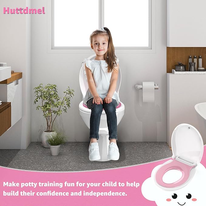 Potty Training Seat Built-in Toilet Seat, Round Toilet Seat 16.5inch with Baby Seat 2 in 1 Soft Close Quiet No Slapping, Magnetic Absorption, Easy Installation for Bottom Fixing Toilet,White and Pink