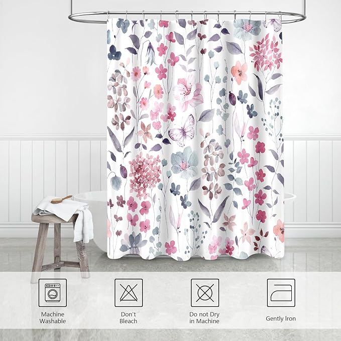 Pink Floral Shower Curtain, Pink Blue Watercolor Flower Fabric Shower Curtain for Bathroom, Cute Wildflower Butterfly Cloth Shower Curtain Set with Hooks, 72x72