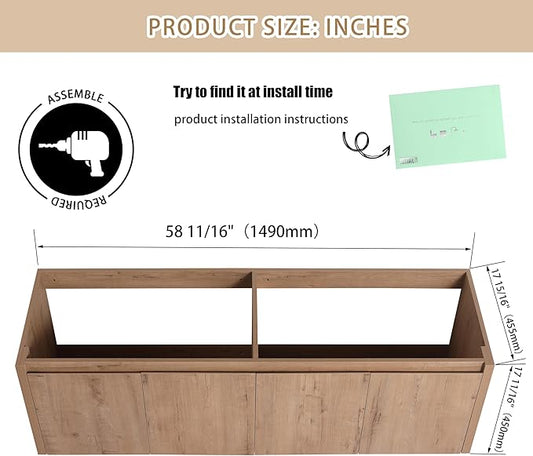 60 Inch Bathroom Vanity Without Sink, 60" Floating Vanity Without Top, Modern Wall Mounted Cabinet for Large Space, Large Bathroom Storage Cabinet with 4 Soft-Closing Doors and Hidden Handles