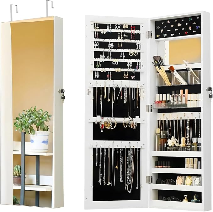 Avilia Jewellery Cabinet with Mirror 110 x 37 x 10 cm in Ultra Sturdy MDF - Space-Saving Jewellery and Accessories Organizer with Secure Key Lock, Wall or Door Mounting