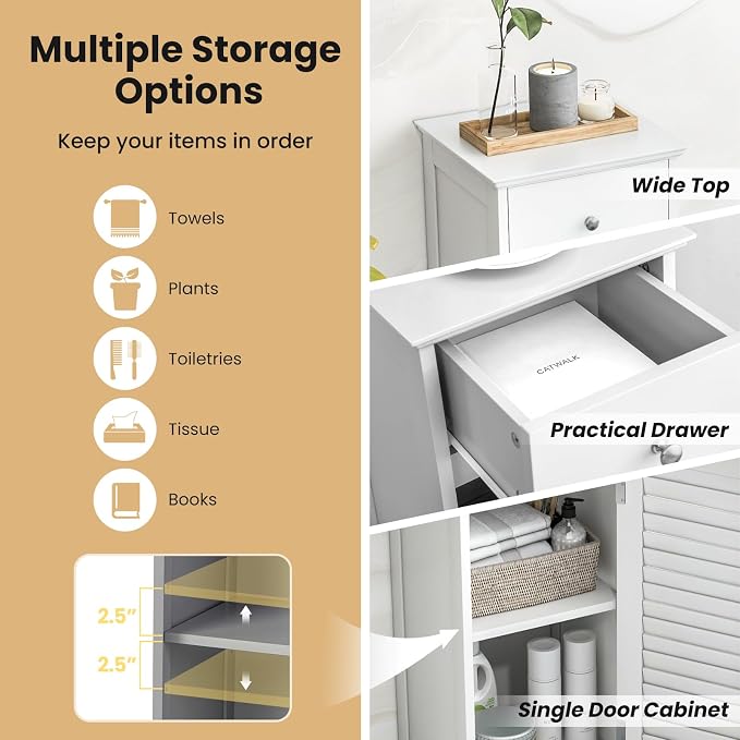 GIANTEX Bathroom Floor Storage Cabinet with Door and Drawer, White | Freestanding Side Cabinet with 3-Height Adjustable Shelf, Slim Cupboard, Storage Organizer Cabinet for Bedroom Living Room