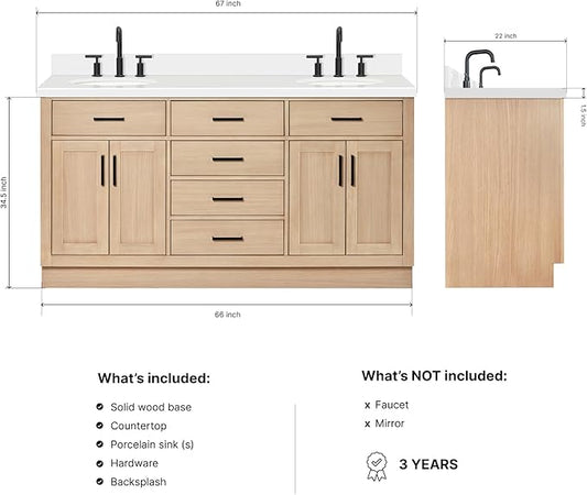 ARIEL Hepburn 66-inch Bathroom Vanity with Sink,Solid Wood, 1.5-inch Pure White Quartz Countertop & Backsplash, Double Oval Porcelain Sink, 4 Soft Closing Doors, 6 Dovetail Drawers, White Oak
