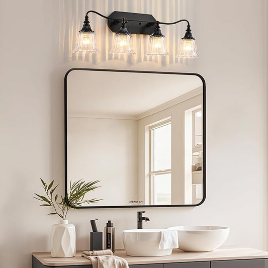 Bathroom Vanity Black Vintage Light Fixture, 4 Lights Bathroom Lighting Matte Antique Brass Finish with Crystal Glass Shade, Black Vintage Vanity Light for Bathroom‘s
