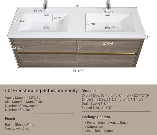 Abruzzo 60" Ash Grey Wall-Mounted Bathroom Vanity with Double Sink – Stone Resin Countertop & Soft-Close Drawers, Waterproof Wood Cabinet for Small Bathrooms