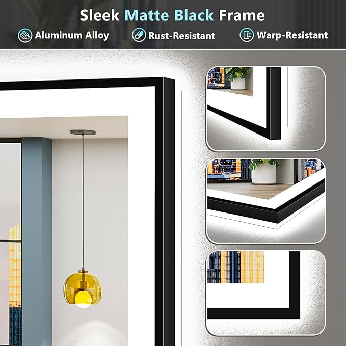 84x40 Black Framed LED Bathroom Mirror with Lights, Backlit and Front Lit Anti-Fog Lighted Vanity Mirrors for Bathroom Wall, Dimmable, 3 Colors, Memory, HD Tempered Glass, Horizontal/Vertical