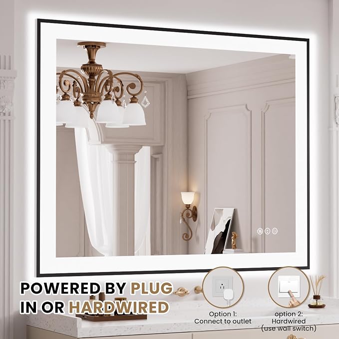 LOAAO 40"X32" LED Bathroom Mirror Black Framed | Anti-Fog, Dimmable, Memory Function, Tempered Glass, Lighted Vanity Mirror for Wall