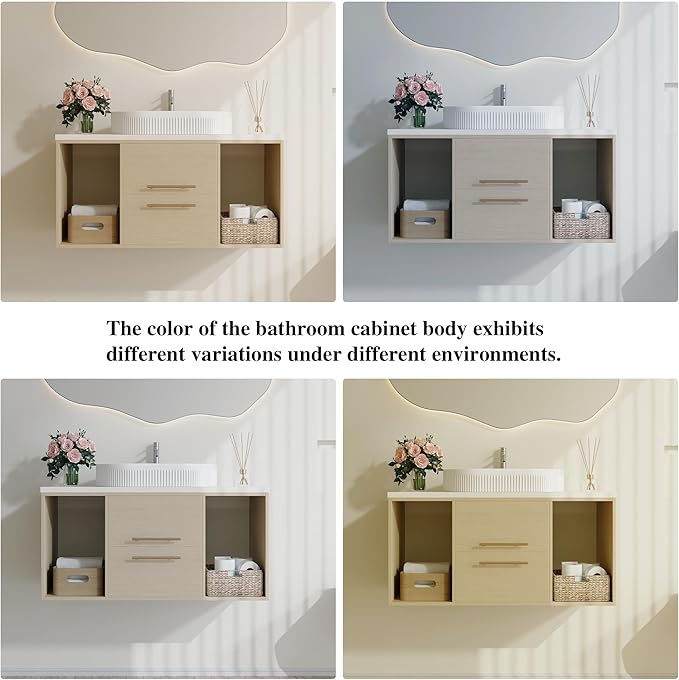 38.2 inch Modern Floating Bathroom Vanity with Sink, Wall Mounted Bathroom Cabinet with Oval Fluted Ceramic Sink, Pure White Counter Top, 2 Soft Closing Drawers & Open Storage Shelf