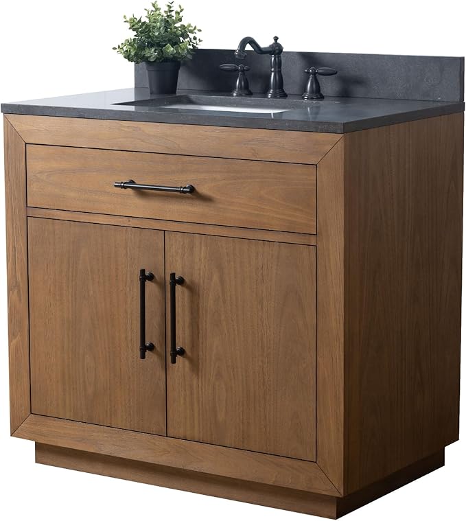 Vanity Art 36 inch Bathroom Vanity with Sink, Solid Poplar Wood, Vanity Cabinet with Doors and Removable Shelf, Modern Wood Cabinet with Black Marble Top, Ceramic Sink, Tan, VA70-36-T-B