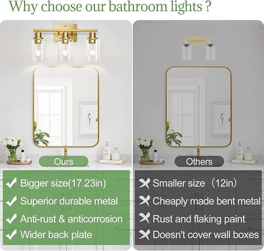 MOKATNG 3-Light Bathroom Light Fixtures, Vanity Light with Clear Glass Shades, Brushed Gold Bathroom Light Fixtures Over Mirror, Modern Bathroom Wall Lamp for Mirror Living Room Cabinet Bedroom