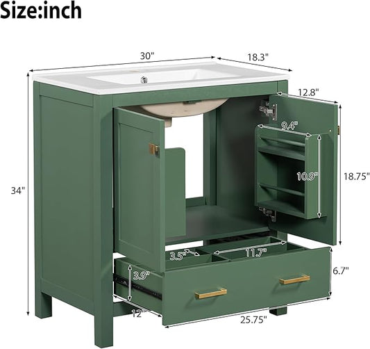 LUMISOL 60" Bathroom Vanity with Double Sink, Solid Wood Bathroom Sink Cabinet with Divided Drawers, Storage Racks & Cabinets, Separate 2 Bathroom Vanities with Double Ceramic Sinks, Green
