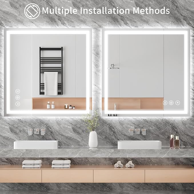 Koonmi 30x30 LED Bathroom Mirror with Light, Anti-Fog, 3 Colors | Backlit + Front Lit, Dimmable Brightness, Shatterproof HD Distortion-Free Tempered Glass, Hardware Included