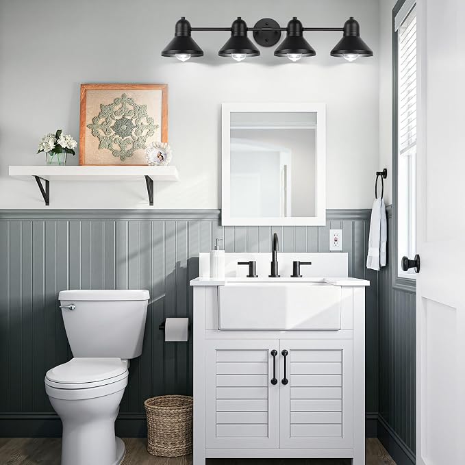 Bairth Bathroom Light Fixtures,4-Light Black Metal Vanity Light Over Mirror | Farmhouse Rustic Industrial Bathroom Vanity Light, Modern Bathroom Lights with Metal Shade for Living Room Cabinet Hallway