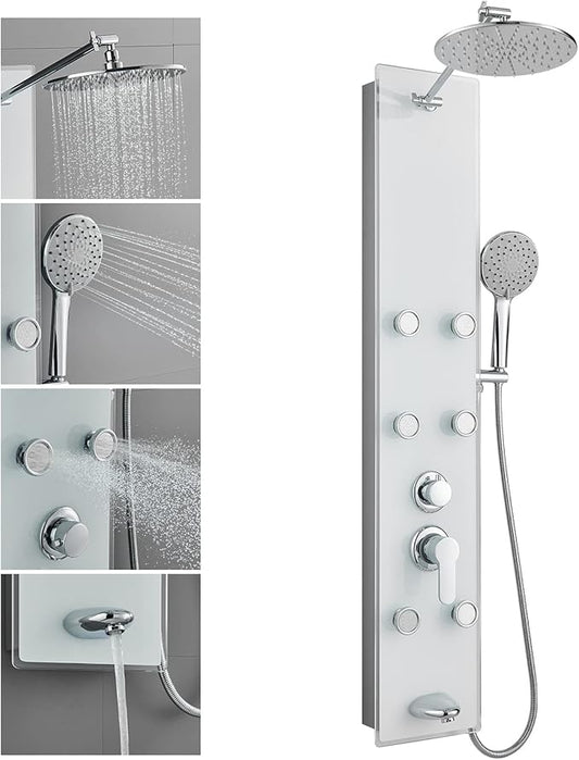 POPFLY Tempered Glass Shower Panel Tower System, 9" Adjustable Shower Arm Height, 304 Stainless Steel White Shower Panels Tower with 6 Massage Jet and Tub Spout