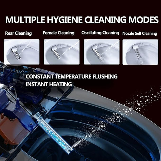 Toilet Bidet Seat, Instant Warm Water, Self-Cleaning Nozzle, Multiple Spraying Modes, Electric Heated Seat, Warm Air Drying, Soft Closed Lid, Display Screen, Requires Electricity, Elongated