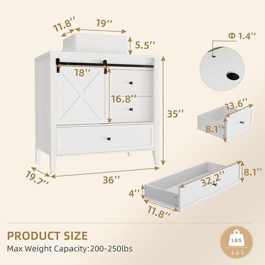 VNN Bathroom Vanity with Sink - 36 Inch Bathroom Vanity with Sink Ceramic, Freestanding Cabinet with Farmhouse Sliding Barn Door and 3 Drawers, Space-Saving Storage Cabinet, Wood Grain Texture, White